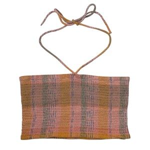 Universal Thread Pink Plaid Smocked Halter Tie Neckline Cropped Tank Top Medium